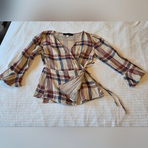 Blue Rain Plaid Wrap Top with Tie Waist – Size Small